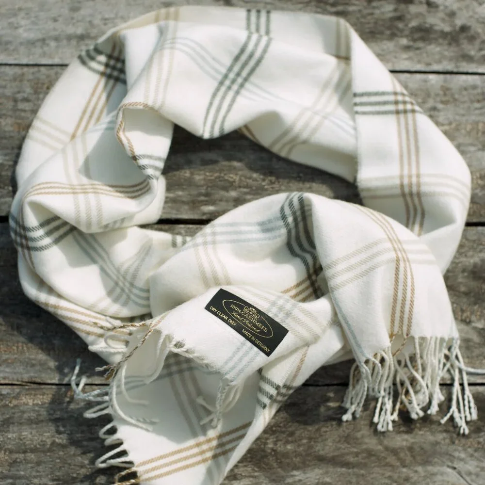 100% CASHMERE European Fringed Plaid Cream Scarf